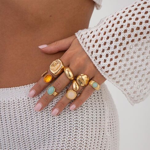Vintage Crystal Gemstone Rings Set Chunky Statement Gold Rings with Big Large Gem Stone Boho Bohemian Hippie Antique Cocktail Ring Jewelry for Women in Kuwait