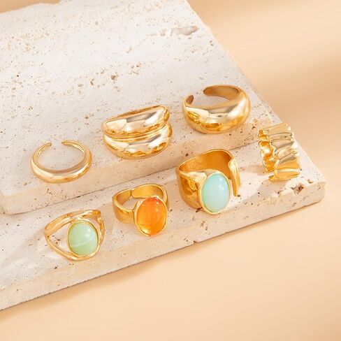 Vintage Crystal Gemstone Rings Set Chunky Statement Gold Rings with Big Large Gem Stone Boho Bohemian Hippie Antique Cocktail Ring Jewelry for Women in Kuwait