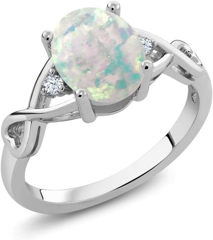 Gem Stone King 925 Sterling Silver Cabochon White Simulated Opal Ring For Women | 0.69 Cttw | Oval 9X7MM | Gemstone Birthstone | Available In Size 5, 6, 7, 8, 9 in Saudi Arabia