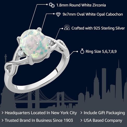 Gem Stone King 925 Sterling Silver Cabochon White Simulated Opal Ring For Women | 0.69 Cttw | Oval 9X7MM | Gemstone Birthstone | Available In Size 5, 6, 7, 8, 9 in Saudi Arabia