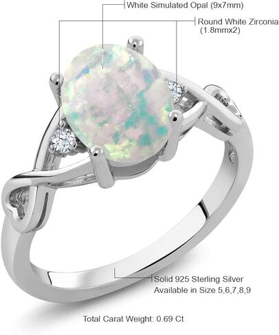 Gem Stone King 925 Sterling Silver Cabochon White Simulated Opal Ring For Women | 0.69 Cttw | Oval 9X7MM | Gemstone Birthstone | Available In Size 5, 6, 7, 8, 9 in Saudi Arabia
