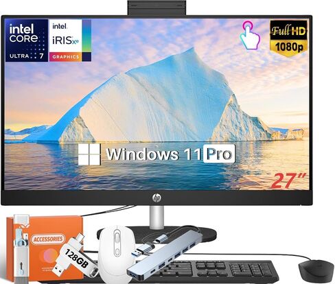 HP 27 "FHD Touchscreen All-In-One (2025) ، مع ترخيص Office Pro Lifetime ، Intel 12-Core Ultra 7 150U ، 16 GB DDR5 RAM ، 1 TB SSD ، Wind 11 Pro ، Wi-Fi 6 ، Wired KB & Mous in Kuwait