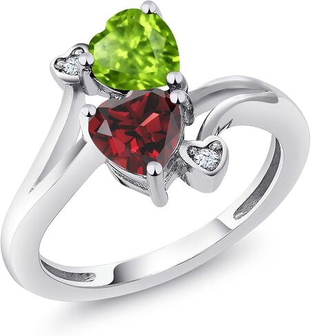 Gem Stone King 925 Sterling Silver Green Peridot وخاتم العقيق الأحمر | 1.76 CTTW | شكل القلب 6mm | الأحجار الكريمة المولد | حلقة القلب للنساء | متوفر في الحجم 5 ، 6 ، 7 ، 8 ، 9 in Saudi Arabia