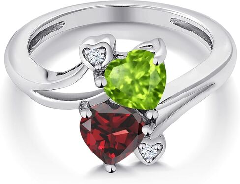 Gem Stone King 925 Sterling Silver Green Peridot وخاتم العقيق الأحمر | 1.76 CTTW | شكل القلب 6mm | الأحجار الكريمة المولد | حلقة القلب للنساء | متوفر في الحجم 5 ، 6 ، 7 ، 8 ، 9 in Saudi Arabia