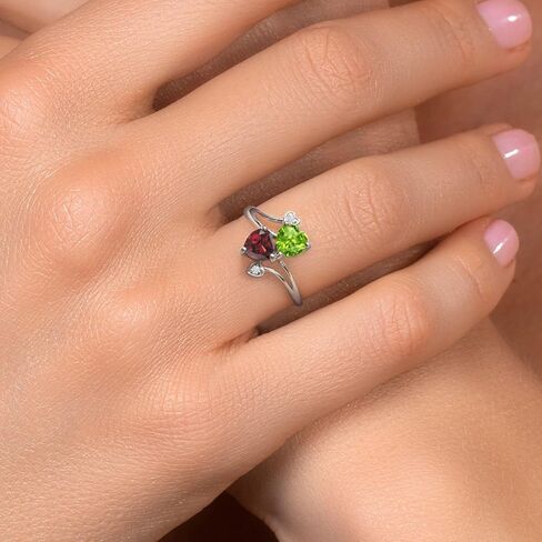 Gem Stone King 925 Sterling Silver Green Peridot وخاتم العقيق الأحمر | 1.76 CTTW | شكل القلب 6mm | الأحجار الكريمة المولد | حلقة القلب للنساء | متوفر في الحجم 5 ، 6 ، 7 ، 8 ، 9 in Saudi Arabia