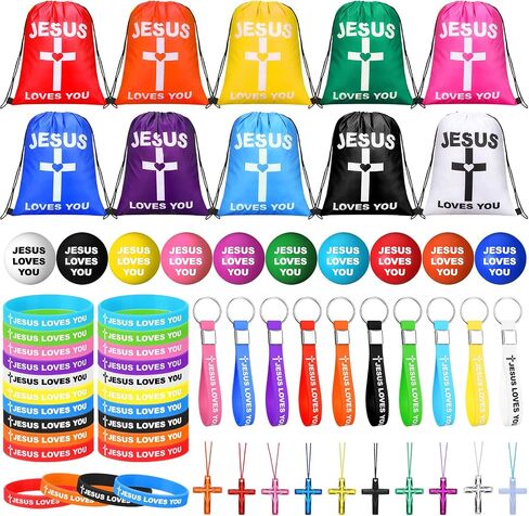 100 Pcs Jesus Loves You Party Favors Includes Jesus Loves You Drawstring Backpack, Bracelets, Keychains, Cross Necklaces and Stress Balls for Easter Church Christian Gift(Multicolor) in Kuwait
