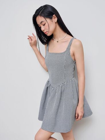 CIDER Mini Dress Houndstooth Tweed Square Neck Sleeveless Short Party Dress Square Neck Mid Waist in Saudi Arabia