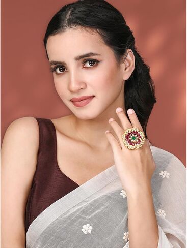 Aheli White Kundan & Beads مرصعة بإصبع قابلة للتعديل حلقة أزياء عرقية هدية للمجوهرات للنساء in Saudi Arabia