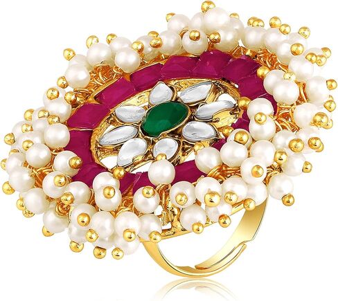 Aheli White Kundan & Beads مرصعة بإصبع قابلة للتعديل حلقة أزياء عرقية هدية للمجوهرات للنساء in Saudi Arabia