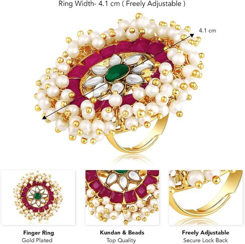 Aheli White Kundan & Beads مرصعة بإصبع قابلة للتعديل حلقة أزياء عرقية هدية للمجوهرات للنساء in Saudi Arabia