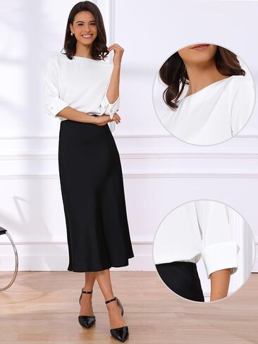 Allegra K Satin Blouse for Women Dressy Casual Top Boat Neck 3/4 Sleeve Business Work Shirt in Saudi Arabia