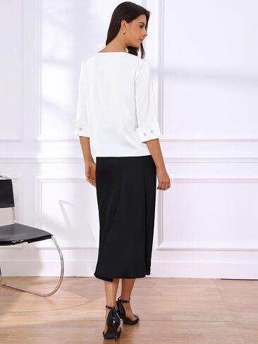Allegra K Satin Blouse for Women Dressy Casual Top Boat Neck 3/4 Sleeve Business Work Shirt in Saudi Arabia