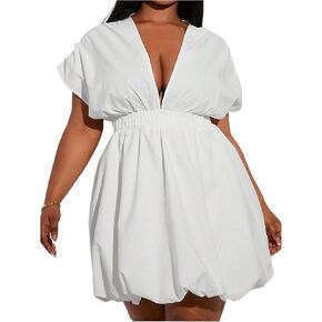 Women's Plus Size Deep V Neck Mini Bubble Dress Short Sleeve Puffy Dresses in Saudi Arabia