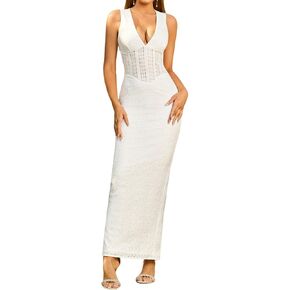 Women's Summer Maxi Dress Sexy V Neck Back Slit Bodycon Formal Party Long Dresses for 2025 in Kuwait