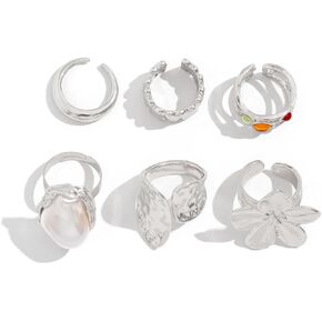 Fuqimanman2020 6pcs Chunky Flower Rings for Women Open Baroque Pearl Stackable Knuckle Rings Set Twisted Crystal Statement Adjustable Jewelry in Saudi Arabia
