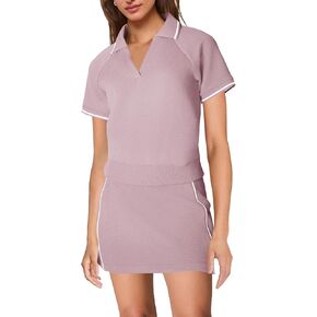 SENSERISE WOMENS تمرين مجموعات 2 قطعة من القميص القميص الأكمام القصيرة من الأكمام و SKORT التنس مع جيوب (الأرجواني الخفيف ، م) in Kuwait