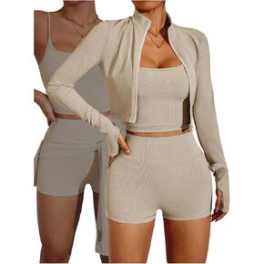 SweatyRocks Women's 3 Piece Workout Sets Tummy Control Biker Yoga Shorts Leggings Camisole with Jacket Tracksuit in Kuwait