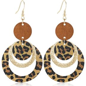 Handmade Bohemian PU Geometry Circle Dangle Drop Earrings Lightweight Nature Wooden Disc Leopard Print Hook Earrings For Women in Kuwait