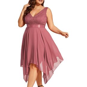 Ever-Pretty Plus Women's V Neck Sleeveless Asymmetric Hem Lace Chiffon Short Summer Plus Size Wedding Guest Dresses in Kuwait