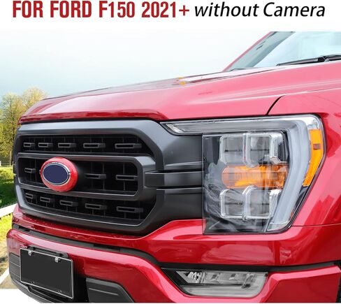 Jimen لـ 2021+ F150 بدون كاميرا عرض خلفية ، غطاء حلقة شارة الشبكة الأمامية متوافقة مع Ford F150 2021-2023 (أحمر) in Kuwait