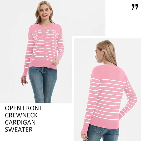 Women's Crew Neck Button Down Long Sleeve Striped Cardigan Sweater in Saudi Arabia