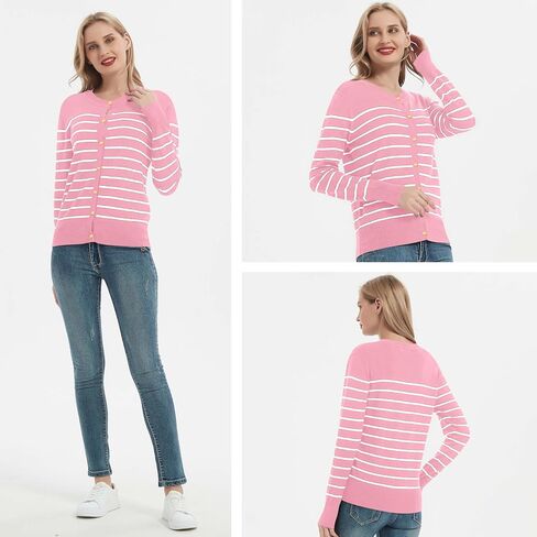 Women's Crew Neck Button Down Long Sleeve Striped Cardigan Sweater in Saudi Arabia