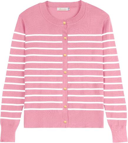 Women's Crew Neck Button Down Long Sleeve Striped Cardigan Sweater in Saudi Arabia
