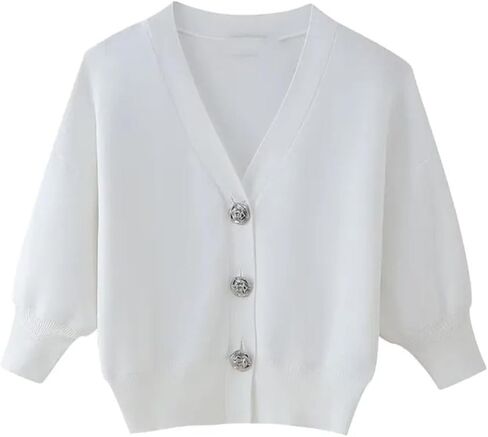 Women's Flower Button Knitted Cardigan Coat Half Sleeve V Neck Tunic Sweater Coat Cropped Top in Saudi Arabia