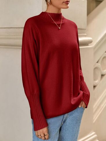Cicy Bell Womens Mock Neck Sweaters Batwing Long Sleeve Chunky Knit Pullover Oversized Fall Casual Trendy Sweater Tops in Saudi Arabia