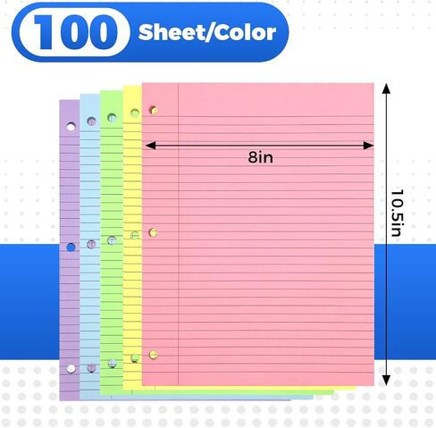 200 Sheets Loose Leaf Binder Paper, Colorful College Ruled Paper, 3-Hole Punched Notebook Paper for School Office, 8" x 10.5" in Saudi Arabia