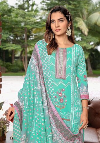 ladyline Womens Casual Cool Cotton Salwar Kameez Ethnic Printed Palazzo Pants Indian Pakistani Dress in Saudi Arabia