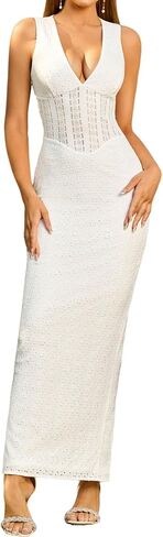 Women's Summer Maxi Dress Sexy V Neck Back Slit Bodycon Formal Party Long Dresses for 2025 in Kuwait