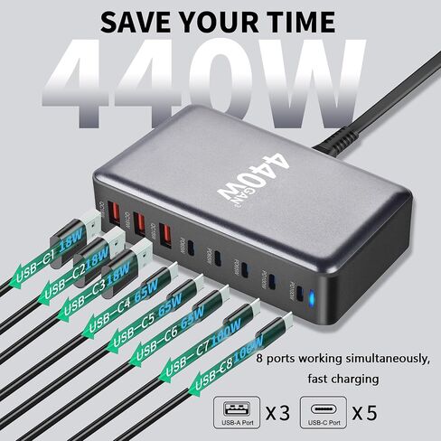 500W USB C Fast Charger, USB C 8-Port Charging Station Hub, GaN Aadapter Block, PD 100W 65W QC 20W Power Supply for MacBook Pro/Air/All iPad, Samsung DELL, Steam Deck, iPhone 16/15 in Saudi Arabia
