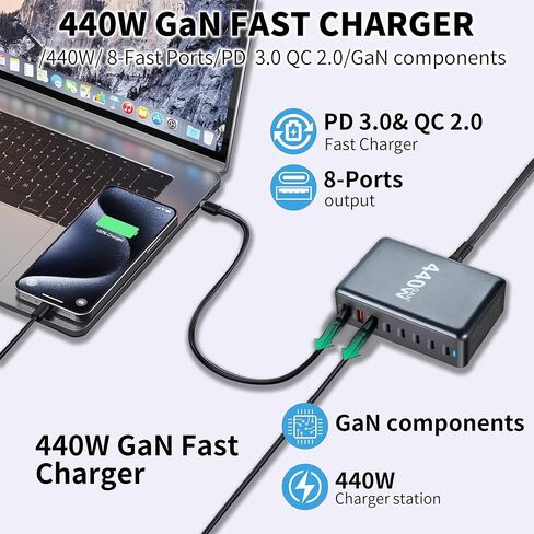 500W USB C Fast Charger, USB C 8-Port Charging Station Hub, GaN Aadapter Block, PD 100W 65W QC 20W Power Supply for MacBook Pro/Air/All iPad, Samsung DELL, Steam Deck, iPhone 16/15 in Saudi Arabia