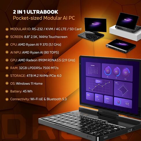 Pocket 4: Mini Laptop with AMD Ryzen 7 8840U CPU, Radeon 780M GPU, 16GB LPDDR5X RAM, 1TB PCIe Gen4 SSD, 8.8 Inch 2.5K 144Hz Display, Wi-Fi 6E, Bluetooth 5.3, Modular AI Handheld PC in Saudi Arabia