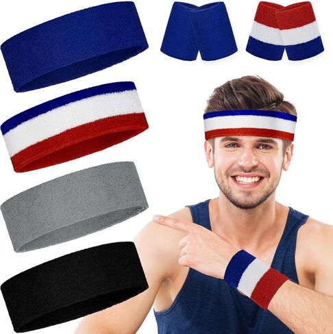 6 Pack Sweatbands for Women Men, Premium Cotton Terry Headbands - Moisture Wicking, Non-Slip Sports Headband for Running, Yoga, Gym, Tennis, Basketball, Workout in Saudi Arabia