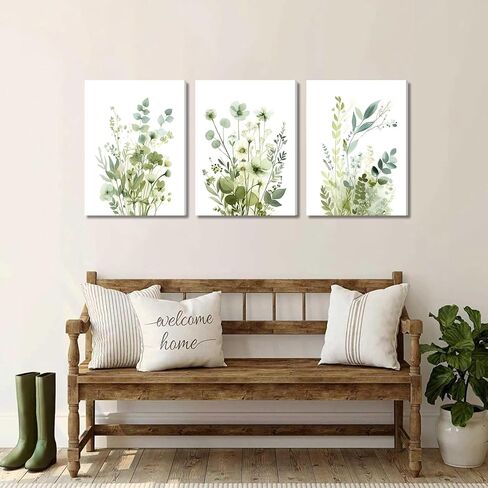 Boho Floral Canvas Wall Art Set of 3, Sage Green Wildflower Botanical Wall Decor Painting, Minimalist Watercolor Flowers Posters Prints for Bedroom Bathroom Living Room 12x16 In Framed in Saudi Arabia