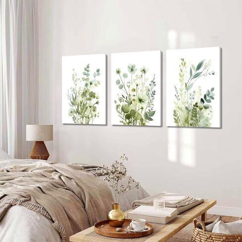 Boho Floral Canvas Wall Art Set of 3, Sage Green Wildflower Botanical Wall Decor Painting, Minimalist Watercolor Flowers Posters Prints for Bedroom Bathroom Living Room 12x16 In Framed in Saudi Arabia