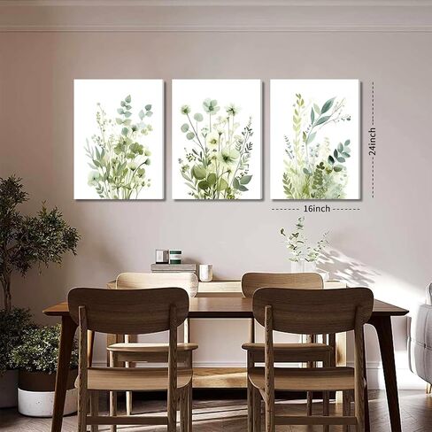Boho Floral Canvas Wall Art Set of 3, Sage Green Wildflower Botanical Wall Decor Painting, Minimalist Watercolor Flowers Posters Prints for Bedroom Bathroom Living Room 12x16 In Framed in Saudi Arabia