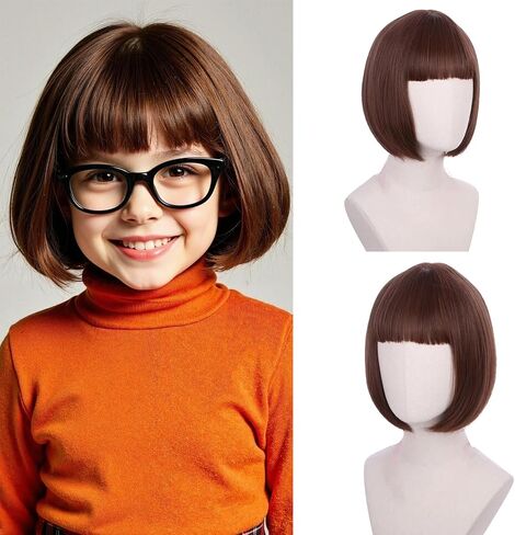 Kids Brown Bob Wig Girls Short Brown Wig with Bangs Child Dark Brown Halloween Cosplay Wigs for Kids in Kuwait