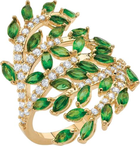 PalmBeach Yellow Gold-Plated Marquise Cut Simulated Green Emerald and Round Cubic Zirconia Leaf Ring Sizes 6-10 in Saudi Arabia