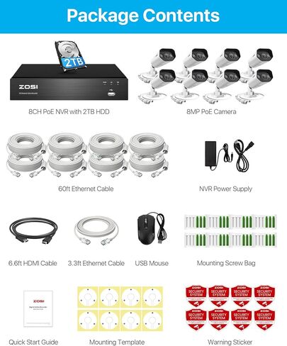 Zosi 32Ch 4K Poe Security Camera System ، 12pcs 8mp في الهواء الطلق كاميرات بو في الهواء الطلق ، الكشف عن مركبات الشخص ، صوتي ثنائي الاتجاه ، رؤية ليلية ملونة ، 16 PORT 32 قناة 8MP/4K NVR مع 4TB HDD لمدة 24/7 التسجيل in Kuwait