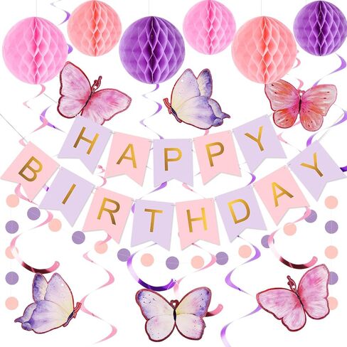 meowtastic Birthday Decorations, Happy Birthday Banner with Honeycomb Balls, Butterfly Hanging Swirl Streamers, Circle Dots Garland, Happy Birthday Party Decorations for Women Men Boys Girls (Purple) in Kuwait