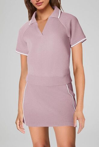 SENSERISE WOMENS تمرين مجموعات 2 قطعة من القميص القميص الأكمام القصيرة من الأكمام و SKORT التنس مع جيوب (الأرجواني الخفيف ، م) in Kuwait