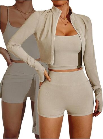 SweatyRocks Women's 3 قطعة تمرين مجموعات التحكم في البطن راكب الدراجة النارية يوجا شورتات طماق كاميسول مع جاكيت التتبع in Kuwait