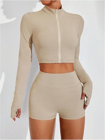 SweatyRocks Women's 3 قطعة تمرين مجموعات التحكم في البطن راكب الدراجة النارية يوجا شورتات طماق كاميسول مع جاكيت التتبع in Kuwait