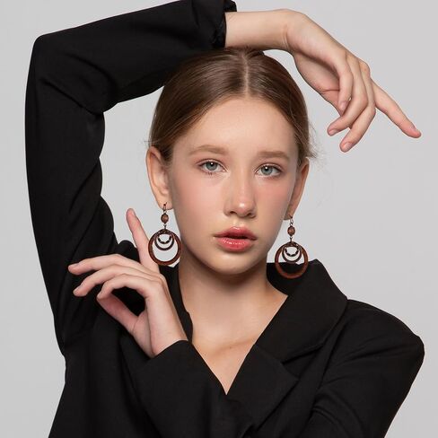 Yuanchnu Handmade Wooden Dangle Boho Earrings for Women, Bohemian Earring Vintage Carved Brown Circle Openwork Brown Drop Tribal Multi-Layer Hoop Earring Wood Hollow Geometric Lightweight Jewelry Gift in Saudi Arabia