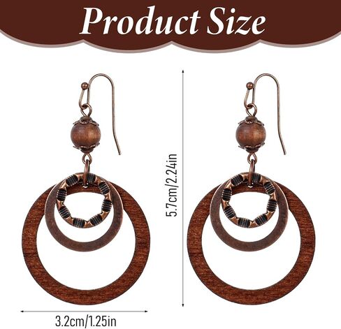 Yuanchnu Handmade Wooden Dangle Boho Earrings for Women, Bohemian Earring Vintage Carved Brown Circle Openwork Brown Drop Tribal Multi-Layer Hoop Earring Wood Hollow Geometric Lightweight Jewelry Gift in Saudi Arabia