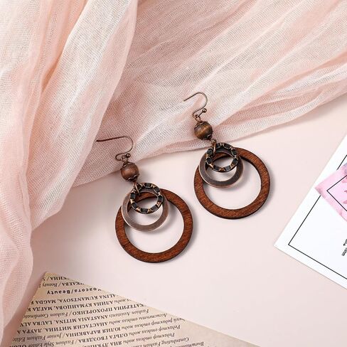 Yuanchnu Handmade Wooden Dangle Boho Earrings for Women, Bohemian Earring Vintage Carved Brown Circle Openwork Brown Drop Tribal Multi-Layer Hoop Earring Wood Hollow Geometric Lightweight Jewelry Gift in Saudi Arabia