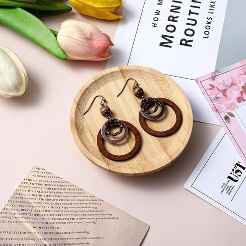 Yuanchnu Handmade Wooden Dangle Boho Earrings for Women, Bohemian Earring Vintage Carved Brown Circle Openwork Brown Drop Tribal Multi-Layer Hoop Earring Wood Hollow Geometric Lightweight Jewelry Gift in Saudi Arabia